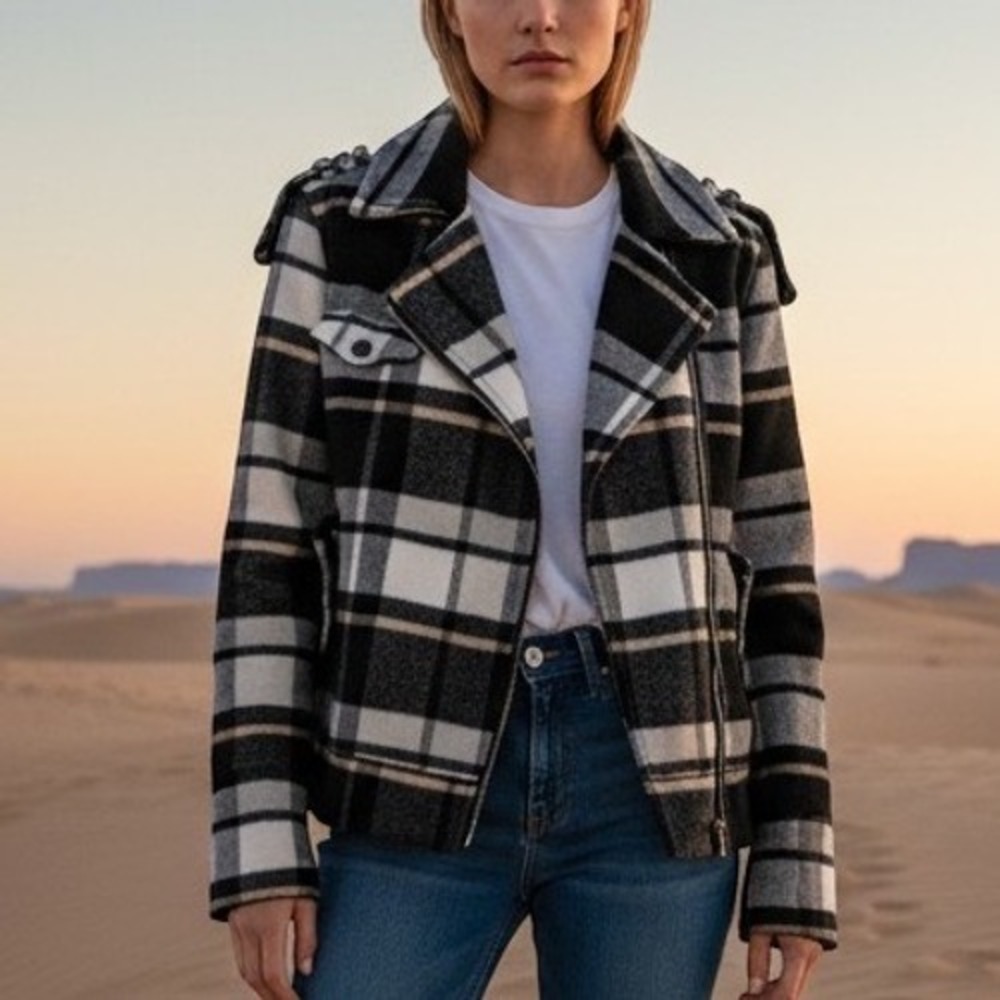 Hurley Women Plaid Moto Jacket‎ Coat  Black White Size Medium